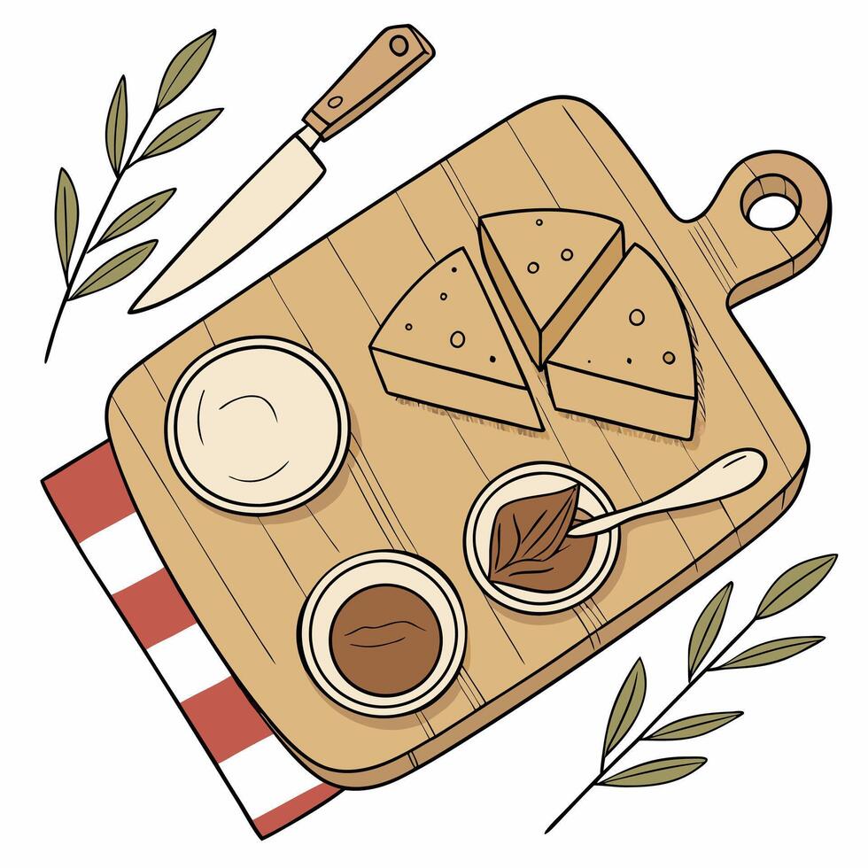 Hand Drawn Rustic Cheese Board with Spreads Artisanal Food Illustration. vector