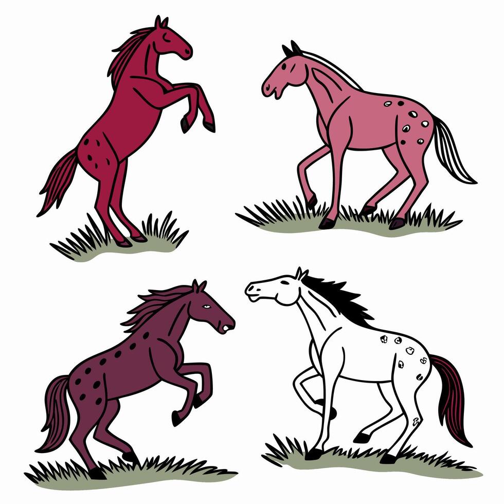 Four Horses Stylized Appaloosa Horse Illustration Set, Red, Pink, Maroon. vector
