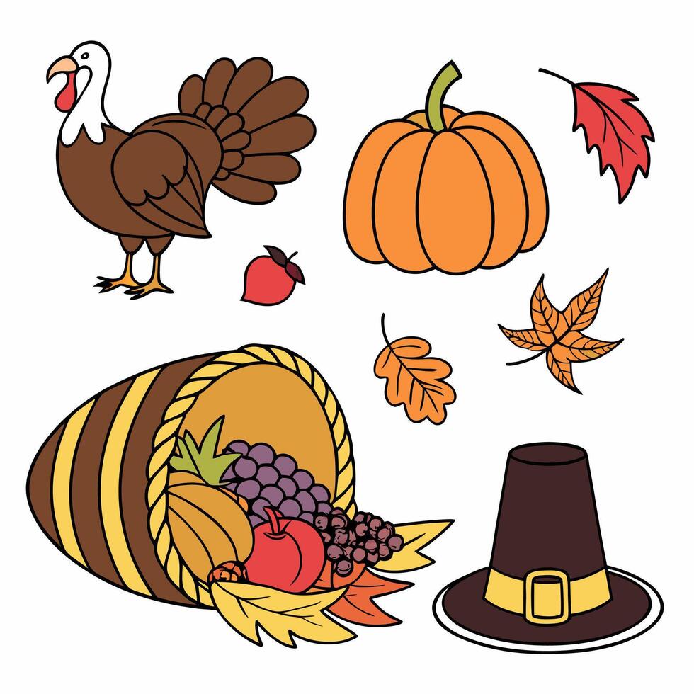 Thanksgiving Cornucopia Autumn Harvest Illustration Fruits, Vegetables, Turkey. vector