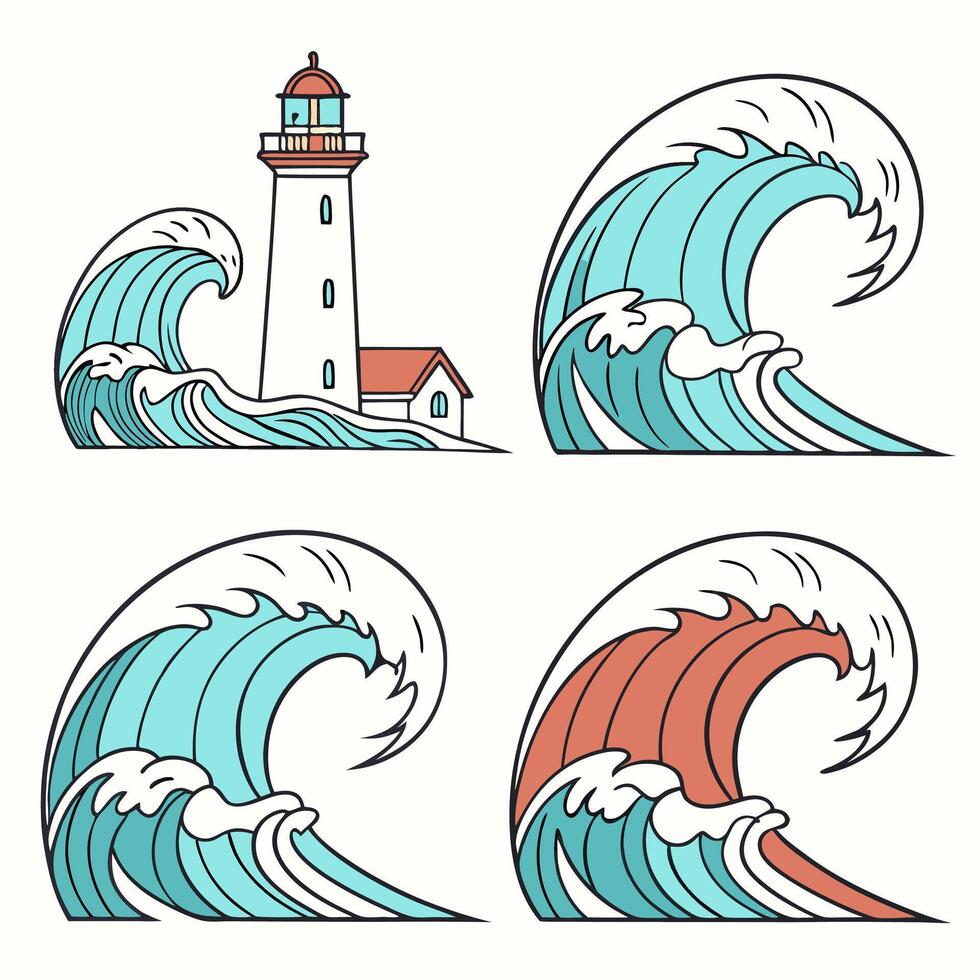 Lighthouse and Ocean Waves Teal and Coral Illustration Set Coastal Design Elements. vector