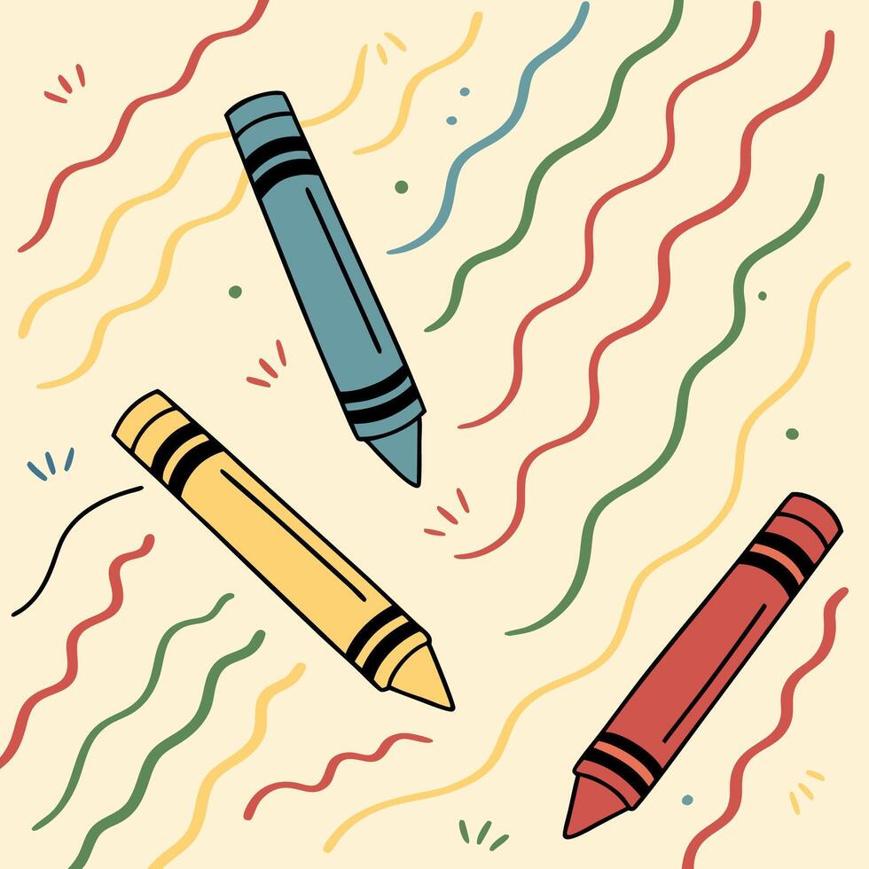 Back to School Crayons Red, Yellow, Blue, Wavy Lines. vector