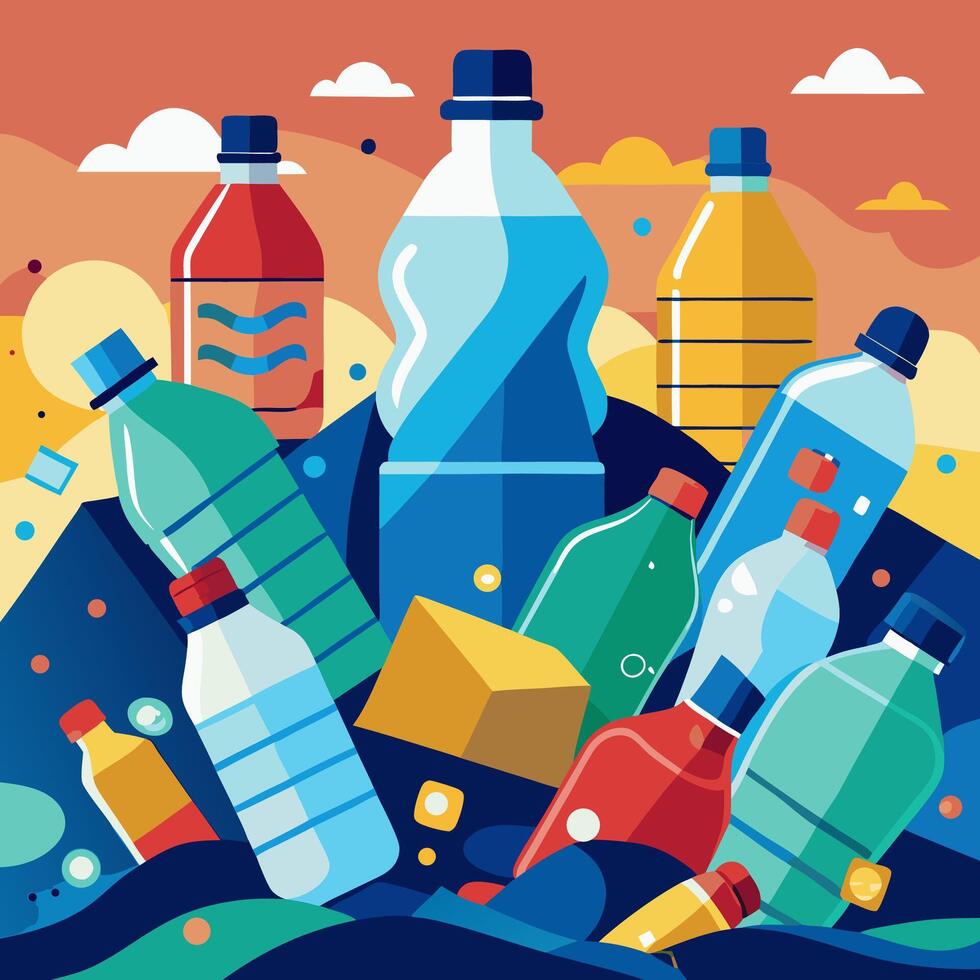Ocean Plastic Pollution Colorful Illustration of Discarded Bottles. vector