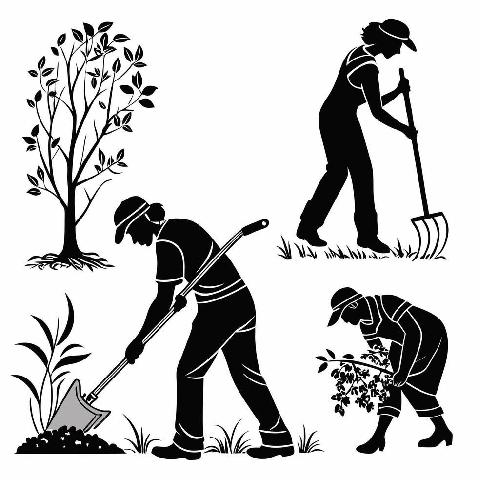 Gardening Silhouettes Tree Planting, Weeding. vector