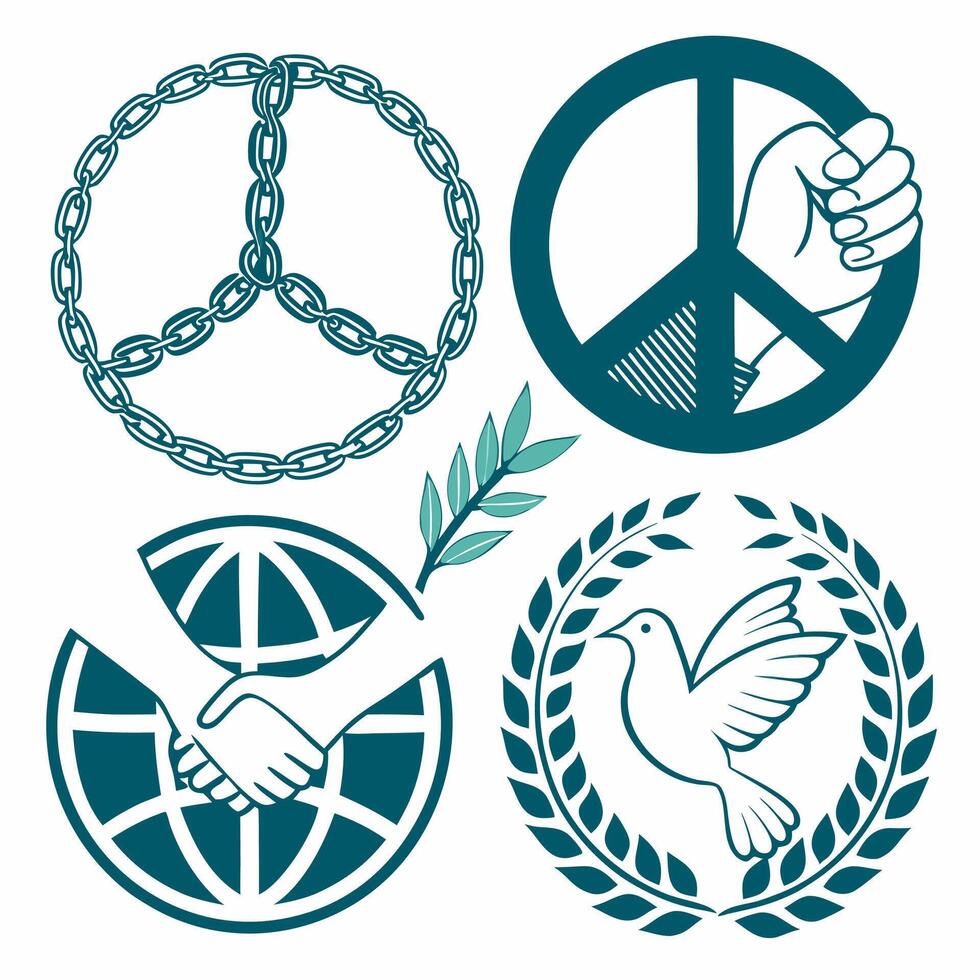 Peace Symbols Dove, Olive Branch, Handshake. vector