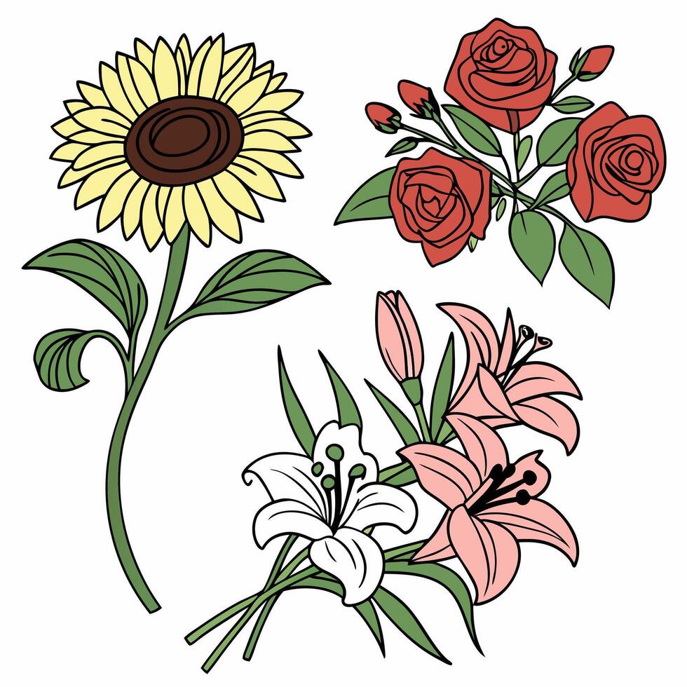 Sunflower, Roses and Lilies Hand Drawn Floral Clipart Yellow, Red. vector