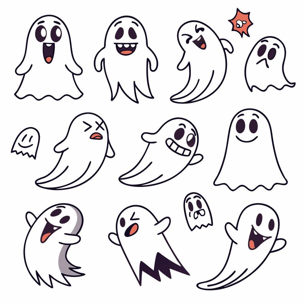 Cute Halloween Ghost Illustrations Cartoon Spooky Set. vector