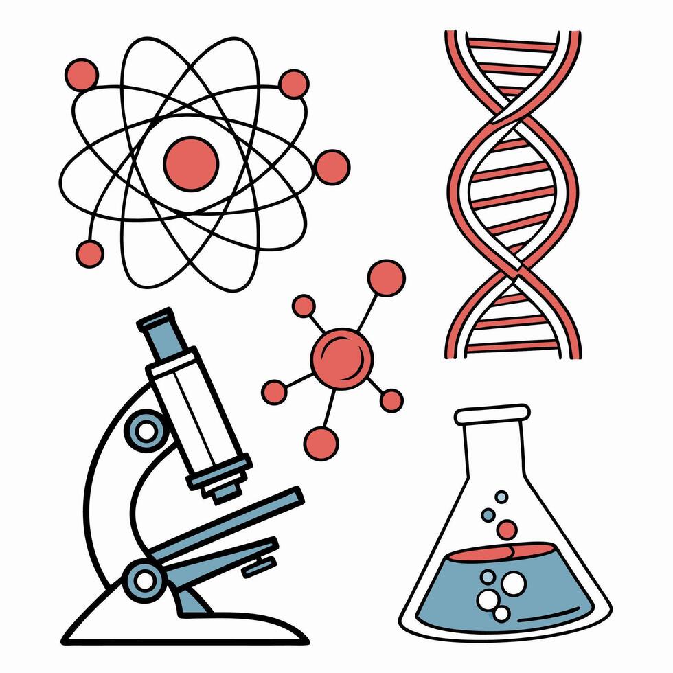 Science Illustration Microscope, DNA, Atom, Molecule. vector