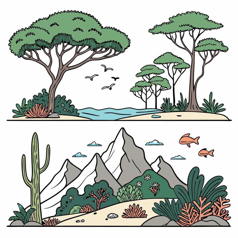 Coastal and Mountain Landscapes Hand Drawn Illustration, Diverse Flora, Fauna. vector