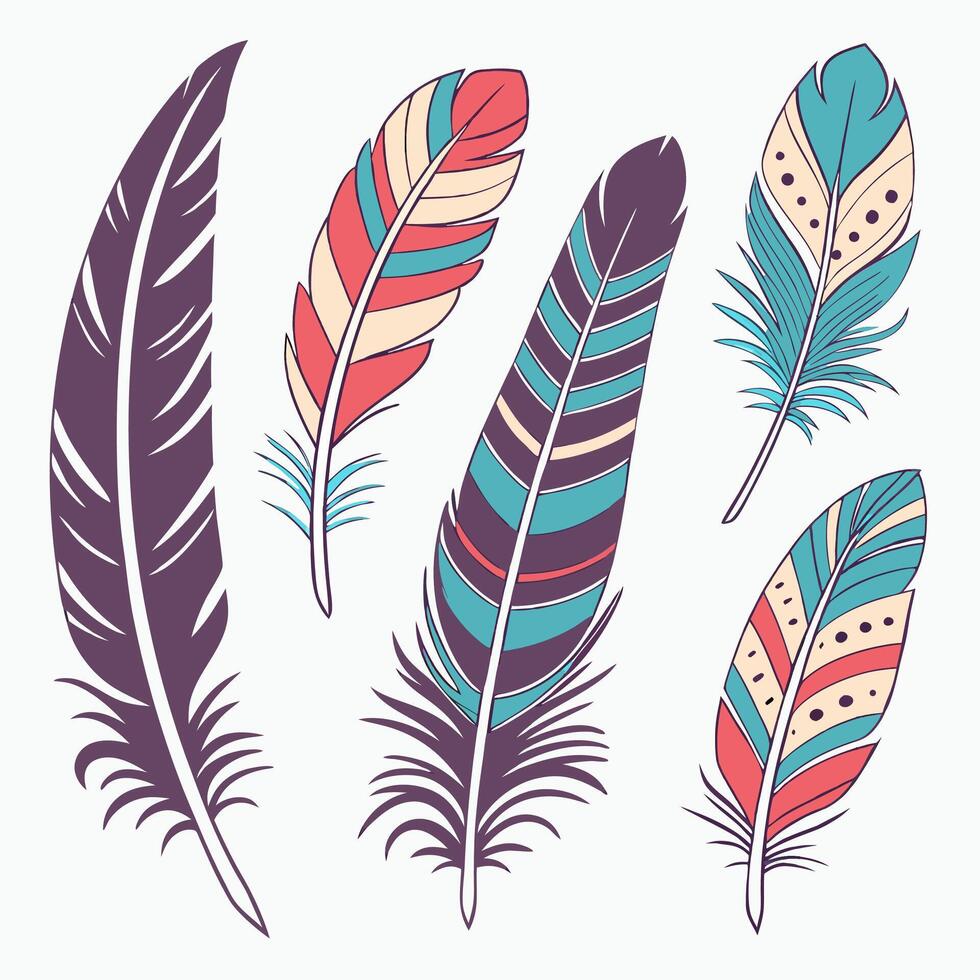 Boho Teal Coral Purple Feathers Hand Drawn Tribal Design Elements. vector