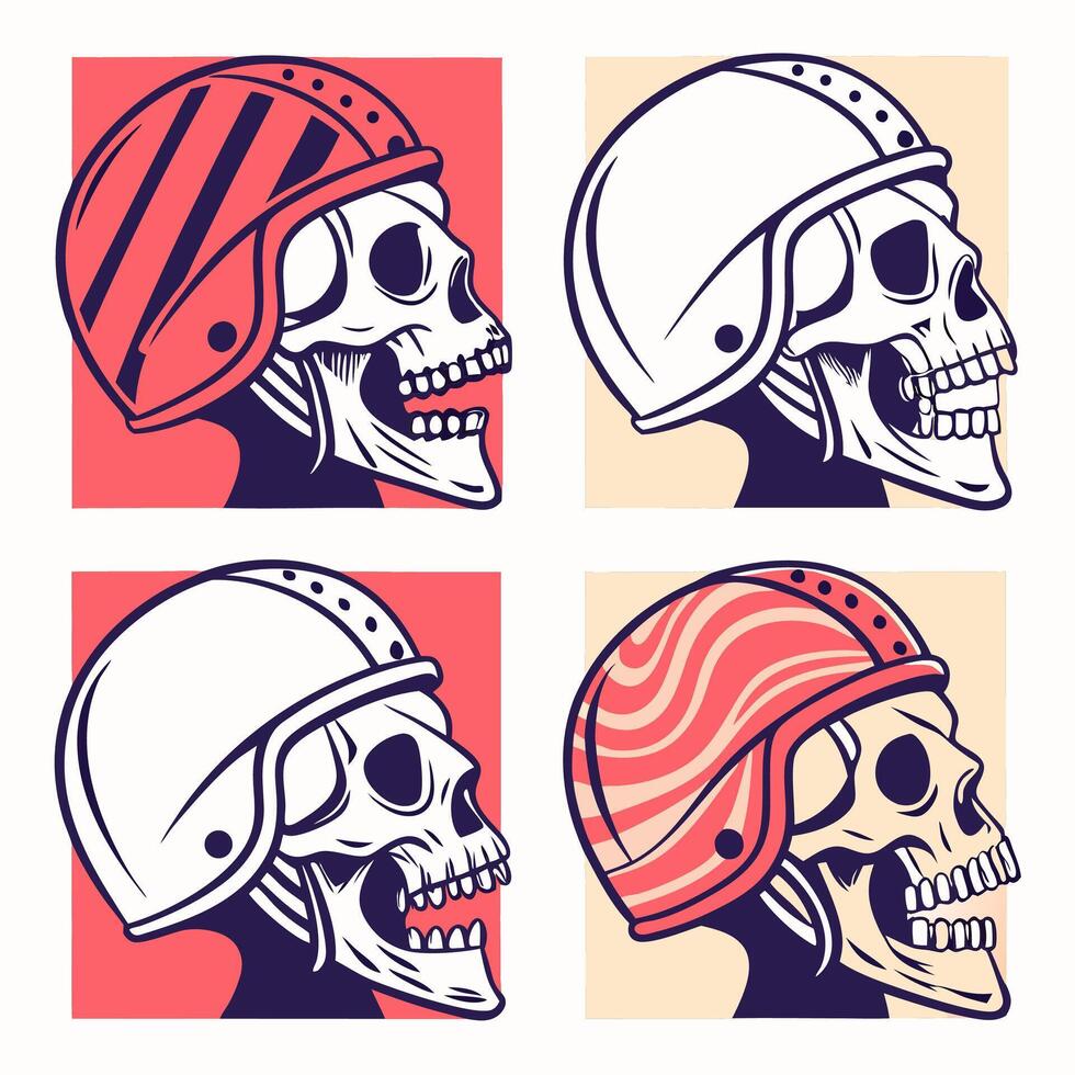 Vintage Skulls in Helmets Retro Illustrations 4 Designs . vector