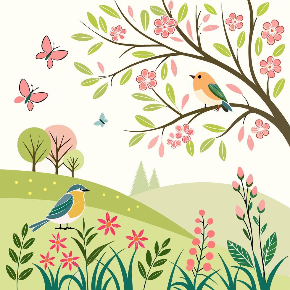 Spring Birds and Blossoms Pastel Floral Landscape Illustration. vector