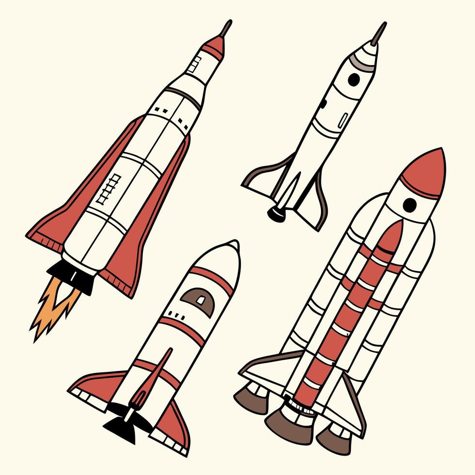 Retro Rocket Set Hand Drawn Spacecraft Illustrations Red and White. vector