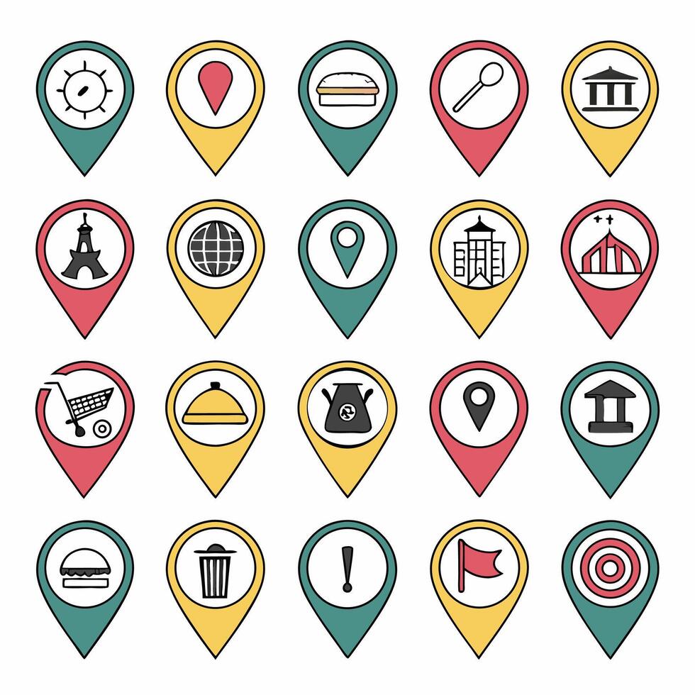 24 Best Colorful Location Point Icons Map Markers, Places, Buildings. vector