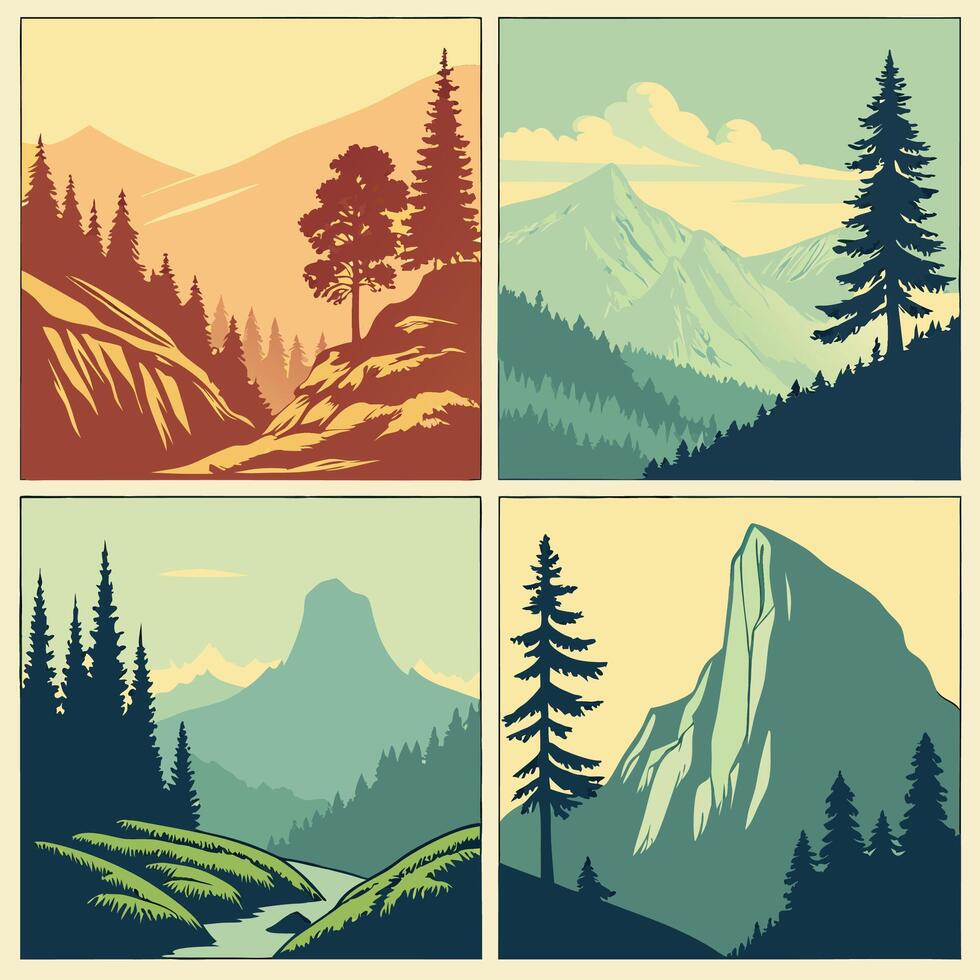 Vintage Mountain Landscapes Scenic Views, Retro Style. vector