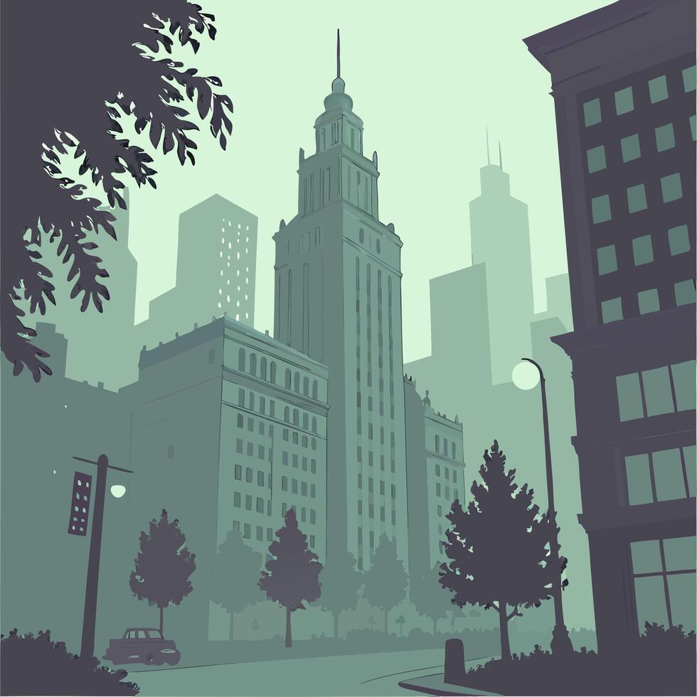 Warsaw Palace of Culture, Cityscape Illustration Classic Architecture, Green Tones. vector