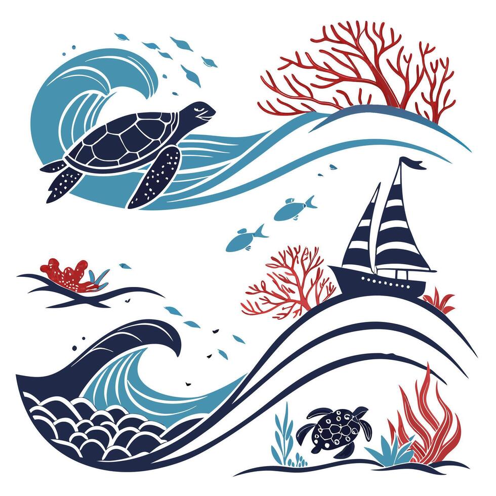 Ocean Waves with Turtles. vector