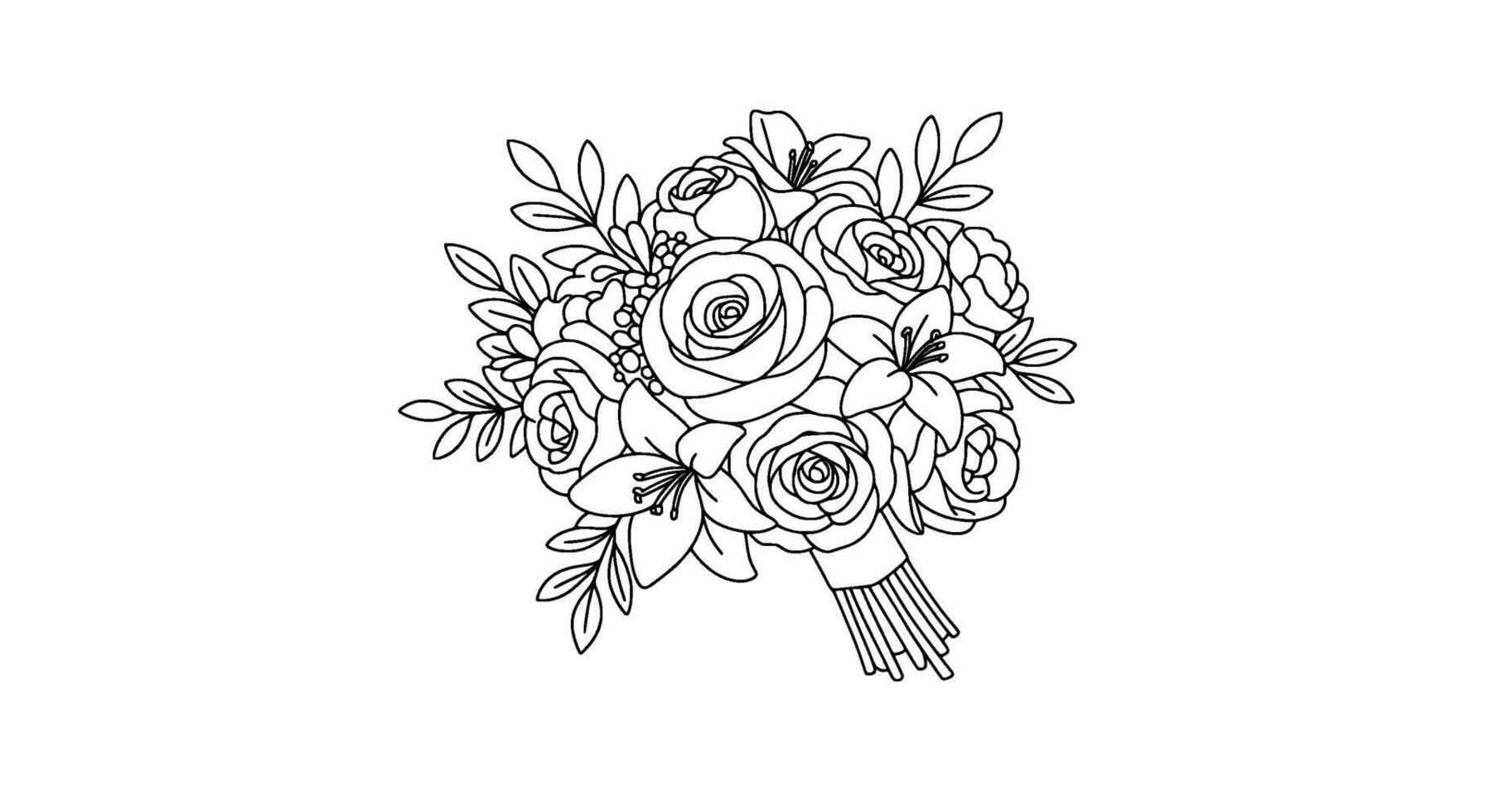 Line Art Bridal Bouquet Roses Lilies vector