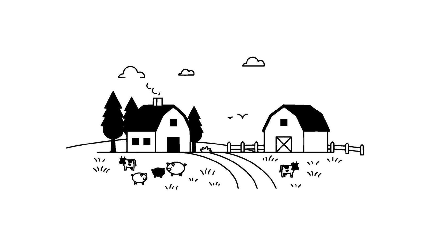 Farmhouse, Barn, and Grazing Livestock Illustration vector