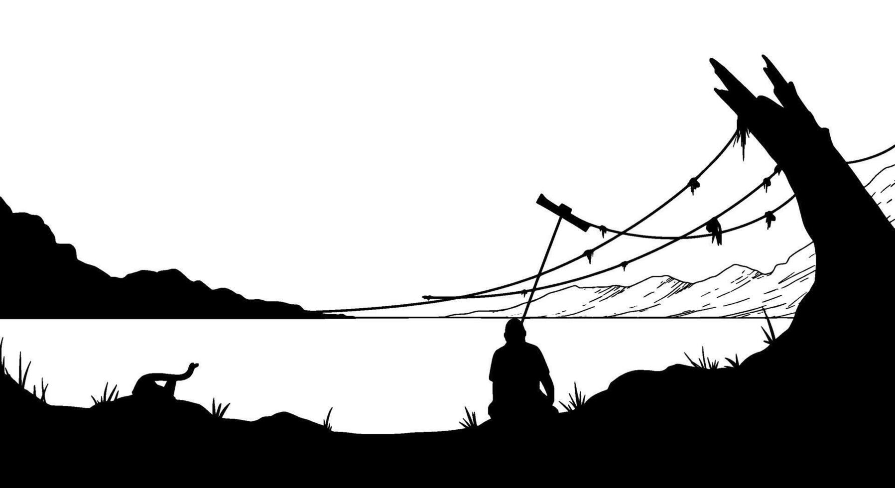Silhouette of Man Fishing by Mountain Lake vector