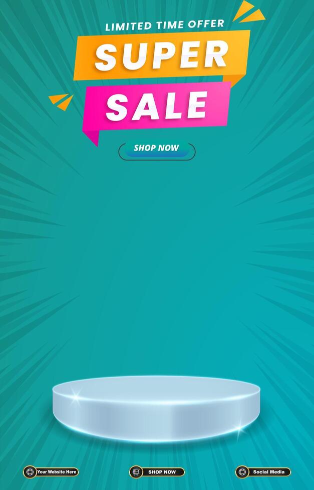 limited super sale discount portait template banner with blank space 3d podium for social media post product sale with abstract gradient green background design vector