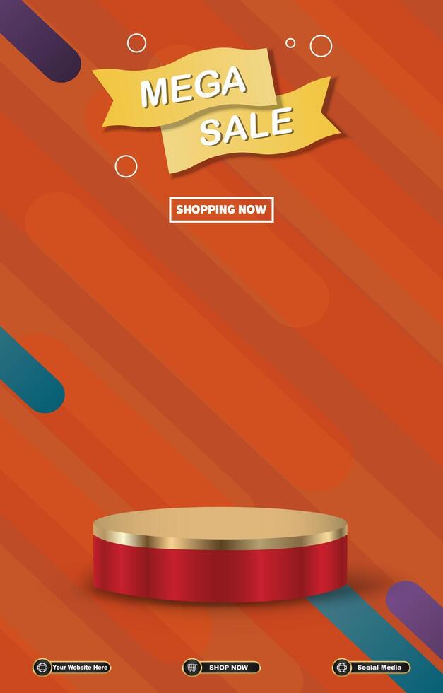 mega sale discount portait template banner with blank space 3d podium for product sale with abstract gradient orange background design vector