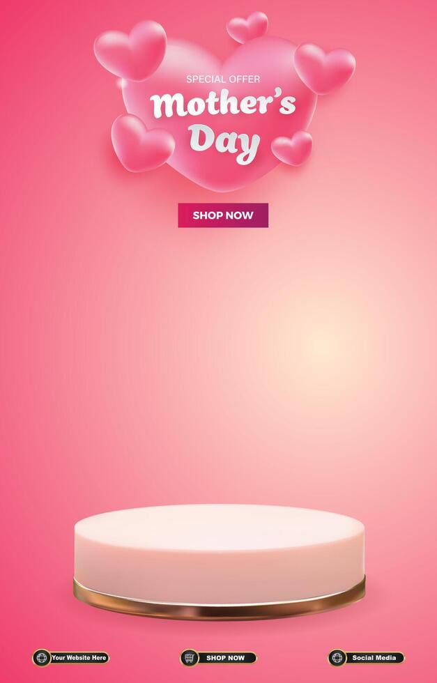 mother day sale discount portait template banner with blank space 3d podium for social media post product sale with abstract gradient pink background design vector