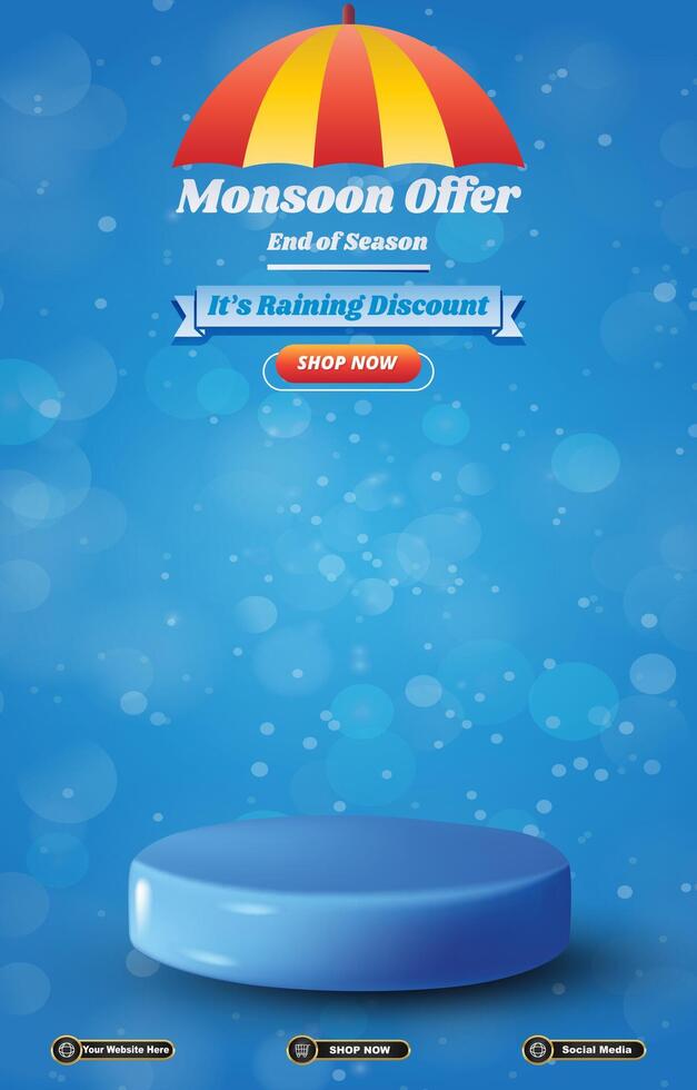 monsoon offer sale discount portait template banner with blank space 3d podium for social media post product sale with abstract gradient blue background design vector
