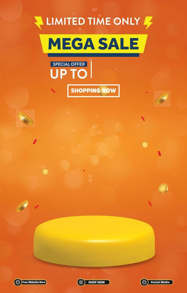 limited mega sale discount portait template banner with blank space 3d podium for social media post product sale with abstract gradient orange background design vector