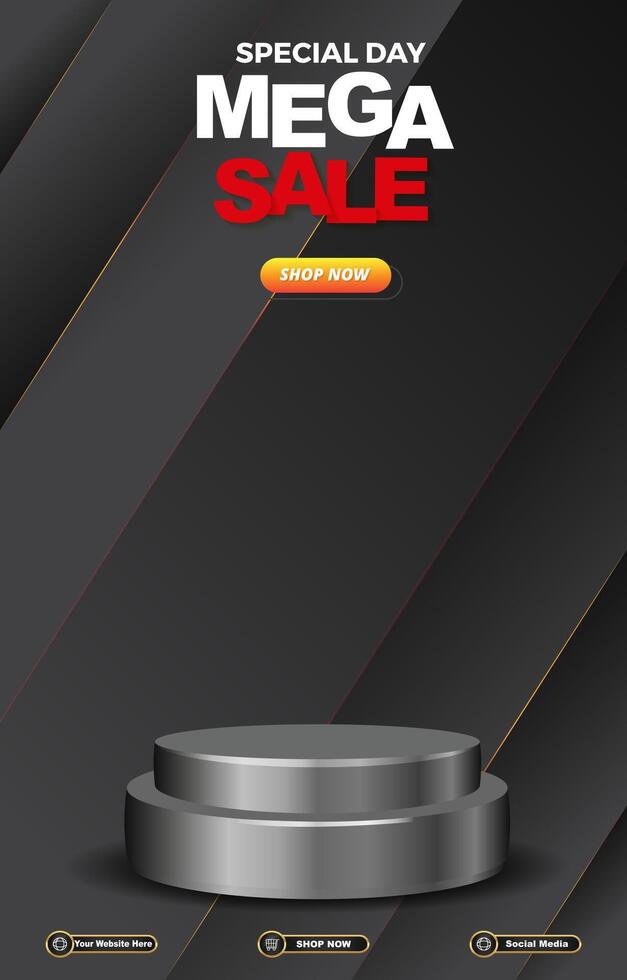special mega sale discount portait template banner with blank space 3d podium for social media post product sale with abstract gradient black background design vector
