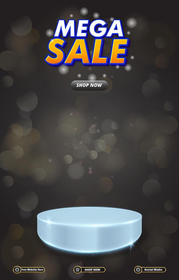 mega sale discount portait template banner with blank space 3d podium for social media post product sale with abstract gradient black background design vector