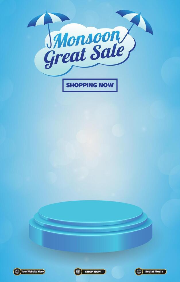 monsoon sale discount template banner with blank space 3d podium social media post product sale with abstract gradient blue background vector