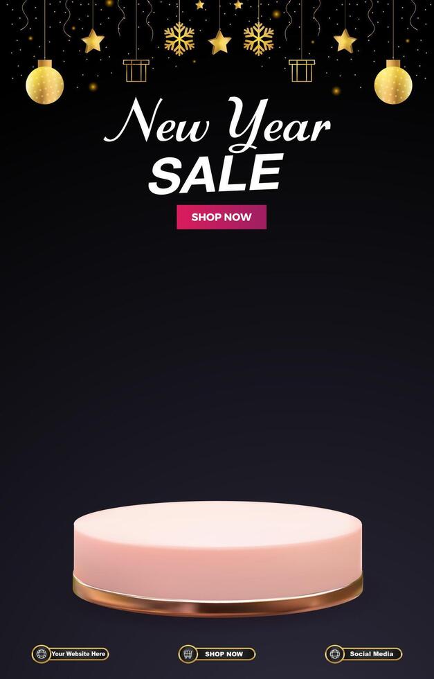 new year sale discount portait template banner with blank space 3d podium for social media post product sale with abstract gradient black background design vector
