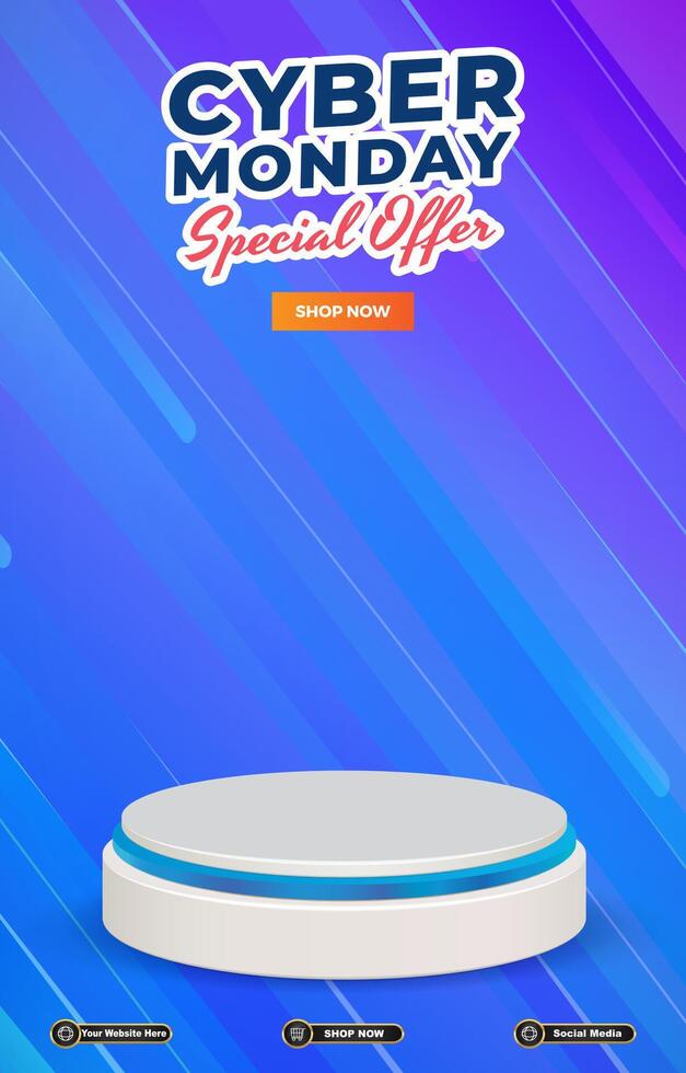 cyber monday sale discount portait template banner with blank space 3d podium for social media post product sale with abstract gradient blue background design vector
