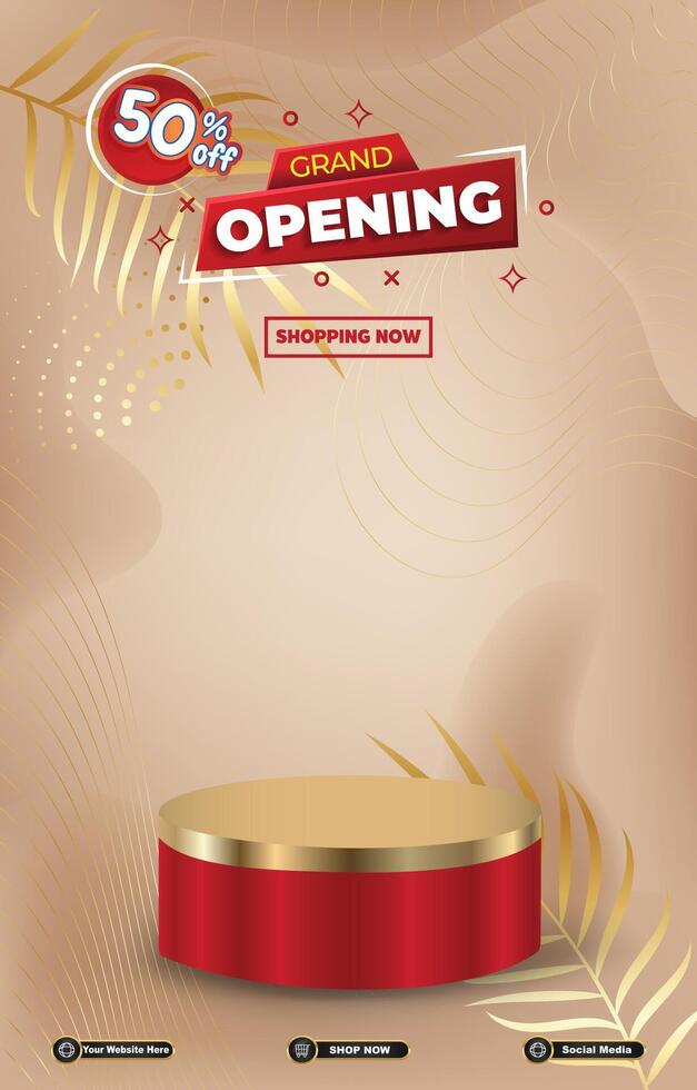 grand opening sale discount portait template banner with blank space 3d podium for social media post product sale with abstract gradient brown background design vector