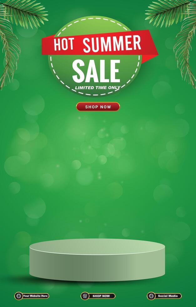 hot summer sale discount portait template banner with blank space 3d podium for social media post product sale with abstract gradient green background design vector