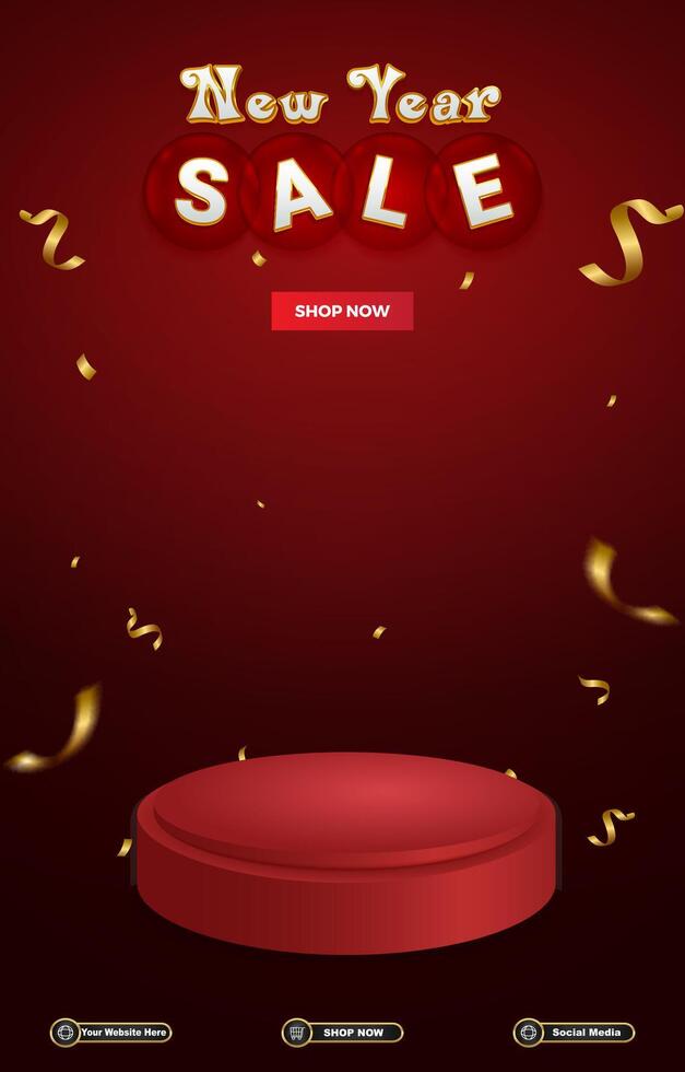 new year sale discount portait template banner with blank space 3d podium for social media post product sale with abstract gradient red background design vector