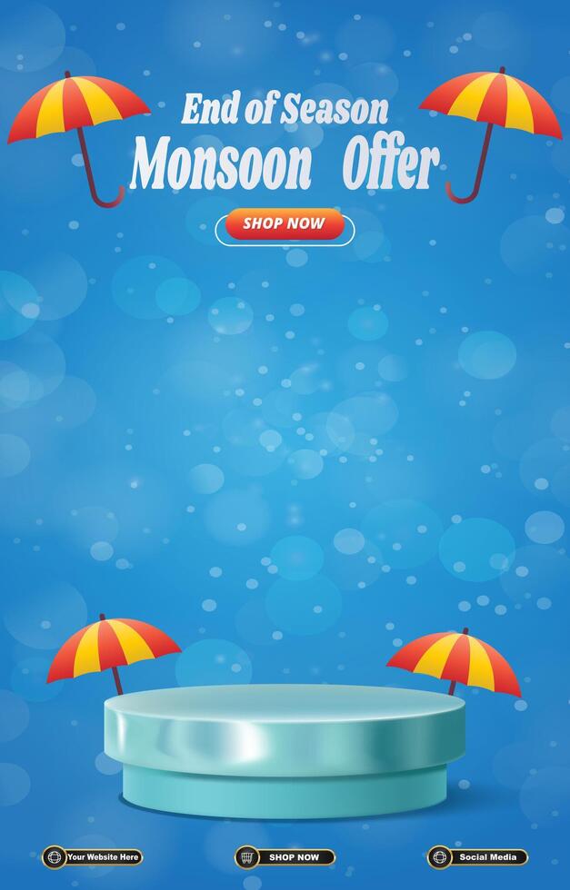 monsoon offer sale discount template banner with blank space 3d podium for social media post product sale with abstract gradient blue background design vector