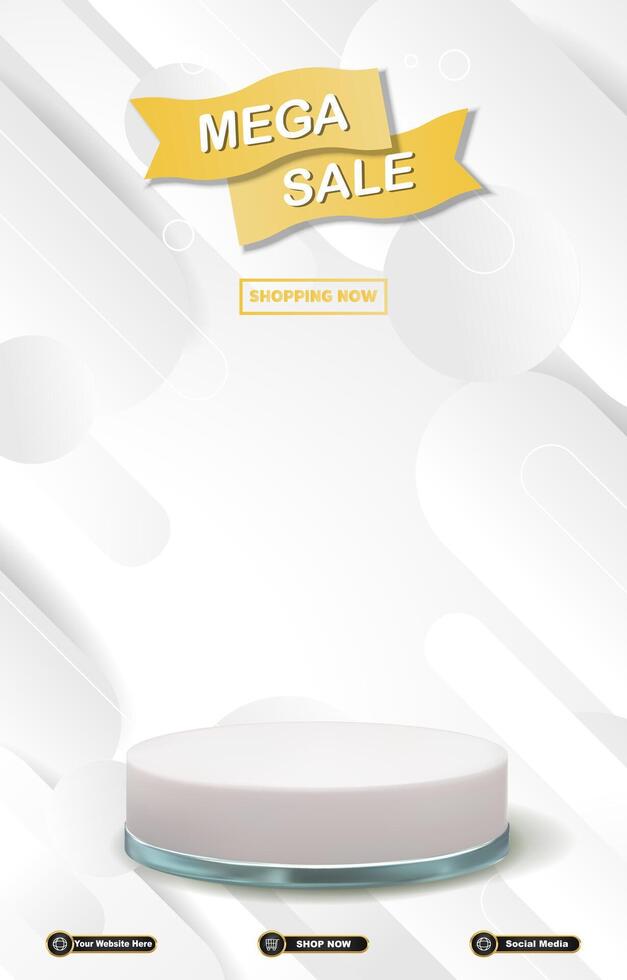 mega sale discount portait template banner with blank space 3d podium for social media post product sale with abstract gradient white background design vector