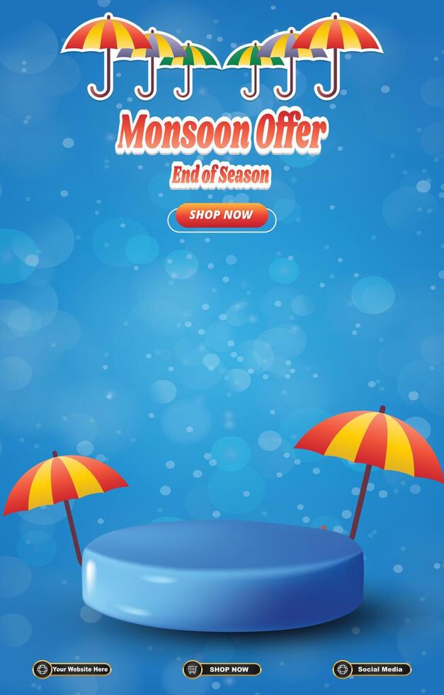 monsoon sale discount template banner with blank space 3d podium for social media post with abstract gradient blue background design vector