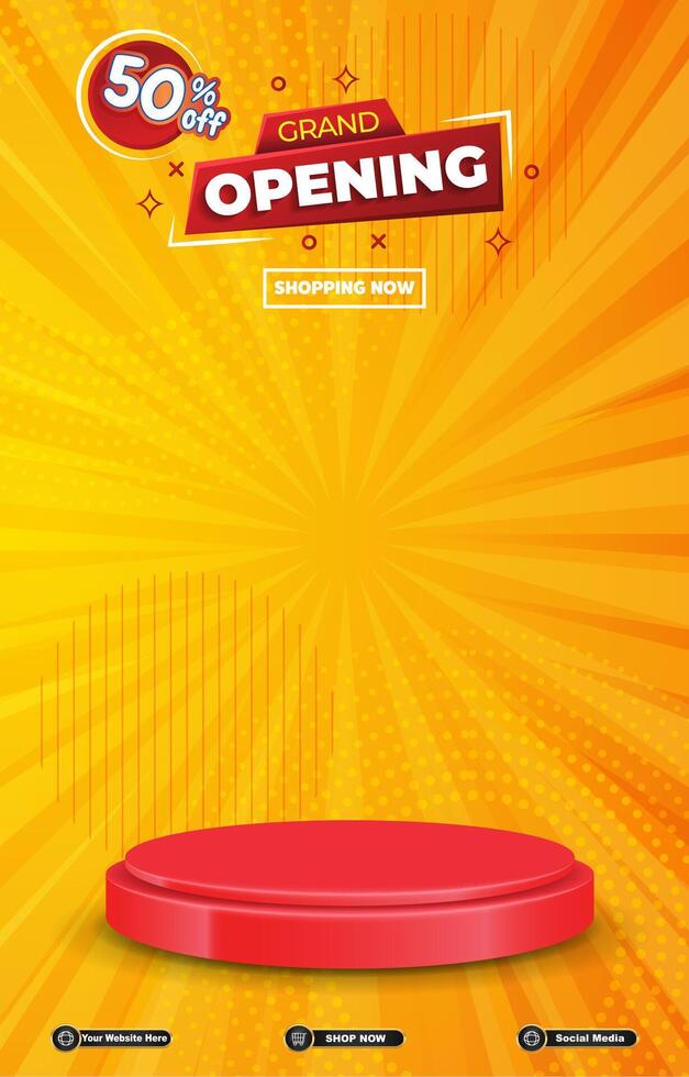 grand opening sale discount portait template banner with blank space 3d podium for social media post product sale with abstract gradient orange background design vector