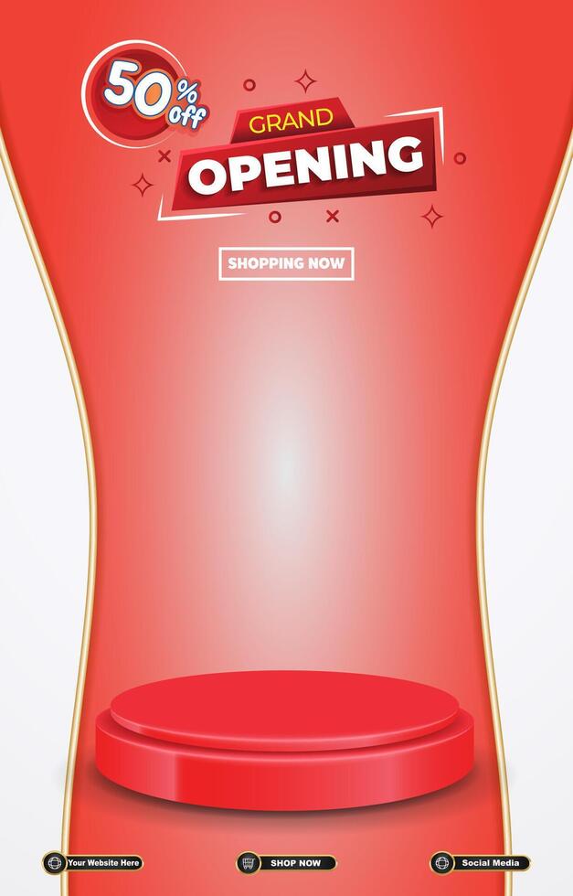 grand opening sale discount portait template banner with blank space 3d podium for social media post product sale with abstract gradient red background design vector