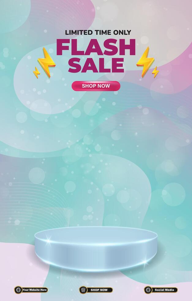 limited flash sale discount portait template banner with blank space 3d podium for social media post product sale with abstract gradient purple background design vector