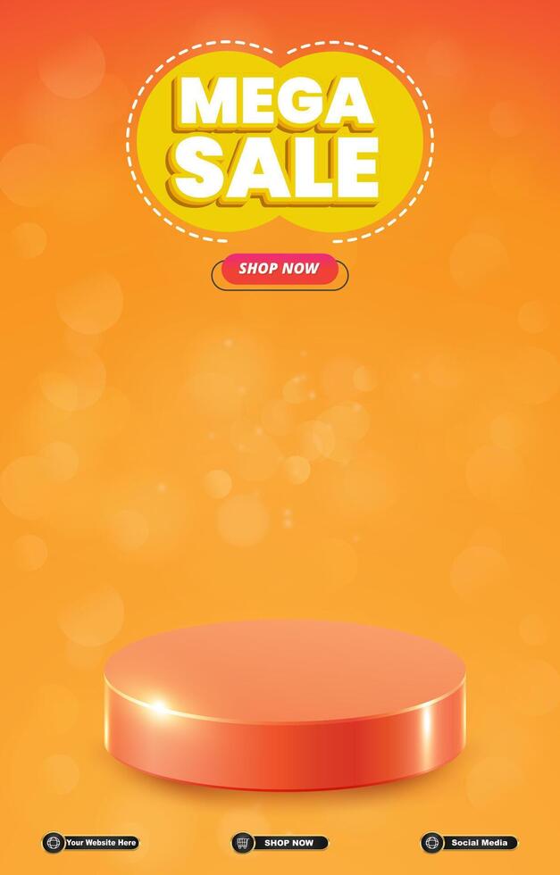 mega sale discount portait template banner with blank space 3d podium for social media post product sale with abstract gradient orange background design vector