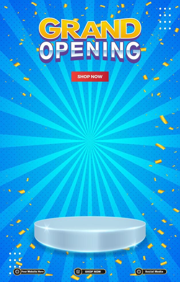 grand opening sale discount portait template banner with blank space 3d podium for social media post product sale with abstract gradient blue background design vector