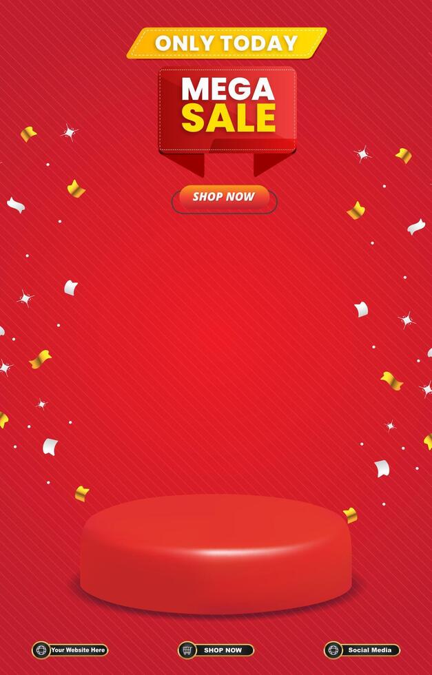 mega sale discount portait template banner with blank space 3d podium for social media post product sale with abstract gradient red background design vector