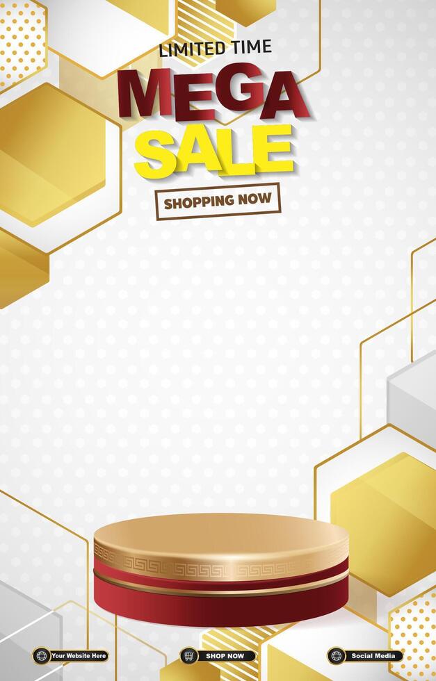 limited mega sale discount portait template banner with blank space 3d podium for social media post product sale with abstract gradient yellow background design vector