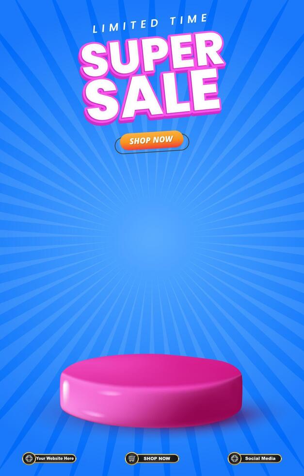 limited super sale discount portait template banner with blank space 3d podium for social media post product sale with abstract gradient blue background design vector
