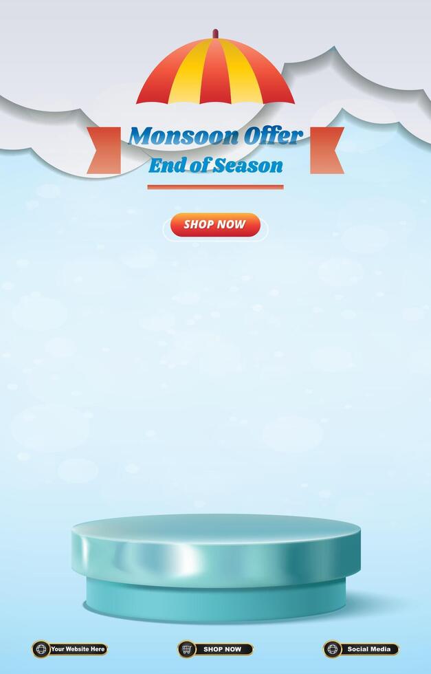 monsoon offer sale discount portait template banner with blank space 3d podium for social media post product sale with gradient blue background design vector