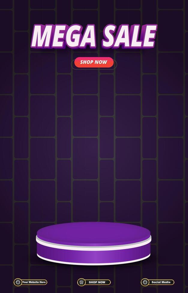 mega sale discount portait template banner with blank space 3d podium for product sale with abstract gradient purple background design vector