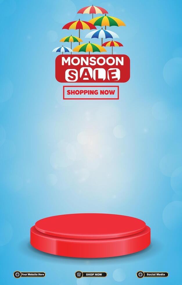 monsoon sale discount banner with blank space 3d podium for social media post product sale with abstract gradient blue background vector